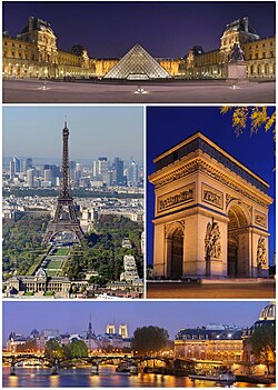 Az óramutató járási irányában: a Louvre, a Diadalív, a Szajna (háttérben a Notre-Dame) és az Eiffel-torony