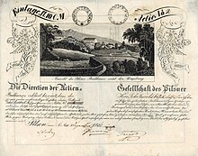Akcie společnosti Actien-Gesellschaft des Pilsner Badhauses (Akcijní společnost plzeňských lázních) na 10 zlatých, vydaná v Plzni, dne 6. prosince 1834. Lázeňský dvoukřídlý dům (dnes Lochotínský pavilón) vyobrazený na akcii, původně sloužil pro pitné kúry a bahenní a vodní koupele.