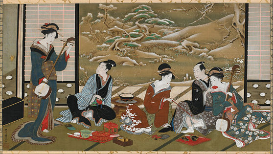 Pintura de três mulheres entretendo dois homens japoneses