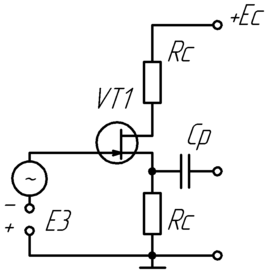 Схема підключення польового транзистора з керуючим p-n-переходом із загальним стоком.
