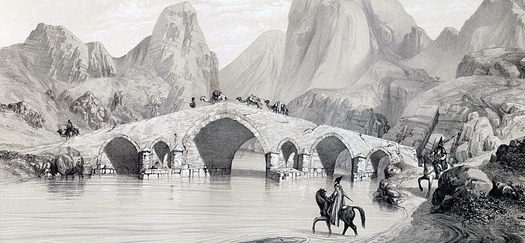 Рисунок моста через реку Керхе в окрестностях города Поль-э-Дохтар, сделанный Эженом Фланденом в 1840 году