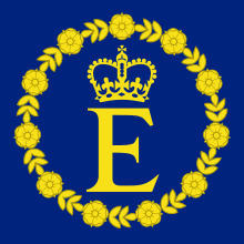 Capital letter E surmounted by a crown and surrounded by a wreath of Tudor roses, in gold on a blue background