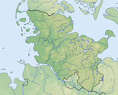 Mapa konturowa Szlezwika-Holsztynu, blisko lewej krawiędzi znajduje się punkt z opisem „Helgoland”