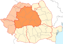 A jelenkori Erdély Románián belül sárga színnel kiemelve   A történelmi Erdély, Belső-Erdély   A Partium és a Bánság keleti része   Órománia, Moldva és Havasalföld uniója Dobrudzsával