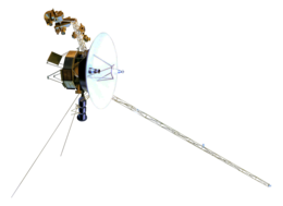 Model of a small-bodied spacecraft with a large, central dish and many arms and antennas extending from it