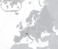 Location o  Switzerland  (green) on the European continent  (green & dark grey)