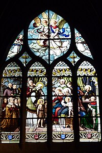 St. John the Baptist presented to the Virgin Mary and infant Christ, window design by Enile Hirsch (19th c.)
