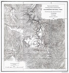 ABD'nin ilk millî parkı Yellowstone Millî Parkı'nın kuruluşu için ABD Kongresi'ni ikna etmek amacıyla Amerikalı jeolog Ferdinand Vandeveer Hayden'in hazırladığı harita (1871). William Henry Jackson'un fotoğrafları ve Thomas Moran'ın resimleriyle birlikte Kongreye sunulan Hayden'in raporu, Kongrenin Yellowstone bölgesini kamu müzayede yoluyla satmaktan vazgeçmesini ve Başkan Ulysses S. Grant'ın millî parkın kuruluşuna dair tahsis yasasını imzalamasına büyük bir ölçüde etkiledi. (Üreten: Ferdinand Vandeveer Hayden)