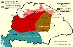 Sytuacja na Węgrzech pomiędzy zakończeniem wojny i podpisaniem traktatu w Trianion      Tereny pod kontrolą Węgierskiej Republiki Rad      Tereny opanowane przez rewolucyjne wojska węgierskie w czasie istnienia Republiki Rad      Okupacja rumuńska      Okupacja francusko-serbska