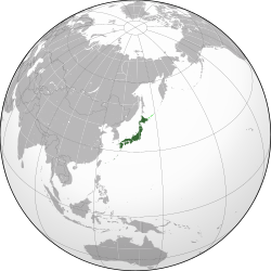 Territori i kontrolluar nga Japonia me ngjyrë të gjelbër të errët; territori ipretenduar por i pakontrolluar me ngjyrë të gjelbër të hapur