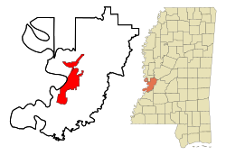 Location of Vicksburg in Warren County, Mississippi (left) and of Warren County in Mississippi