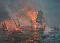 Den danska attacken på Nya Varvet natten till den 27 september 1719. Röd linje: Danska fartygens attack, Blått: Svenska fartyg, Lila: Svenska befästningar