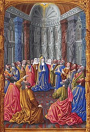 A Szentlélek pünkösd napján áradt ki Jézus Krisztus anyjára, Szűz Máriára, valamint az apostolokra