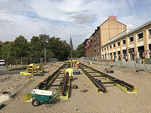 Arbete med spåren på Sankt Laurentiigatan mellan Clemenstorget och Allhelgonakyrkan i augusti 2018.