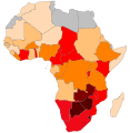 A felnőtt afrikai populáció (15–49 évesek) HIV/AIDS fertőződöttsége százalékban kifejezve 1999-ben. Jelmagyarázat a képre kattintva. UNAIDS-adatok