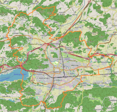 Mapa konturowa Klagenfurtu am Wörthersee, blisko centrum na dole znajduje się punkt z opisem „Katedra św. Piotra i Pawła w Klagenfurcie”