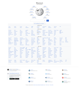 Wikipedia's homepage with links to many languages.