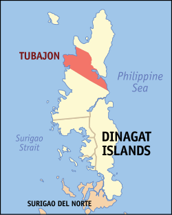 Mapa ng Dinagat Islands na nagpapakita sa lokasyon ng Tubajon.