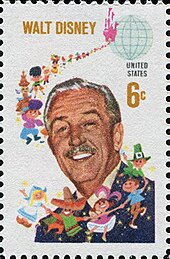 Et portræt af Disney med tegnefilmsinspirerede repræsentationer af forskellige nationaliteter på et 6 cent amerikansk frimærke