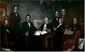"First Reading of the Emancipation Proclamation of President Lincoln" by Francis Carpenter. Shown from left to right are Edwin Stanton, secretary of war; Salmon Chase, treasury secretary; Lincoln; Gideon Welles, secretary of the navy; Caleb Smith, interior secretary; William Seward, secretary of state; Montgomery Blair, postmaster general; and Edward Bates, attorney general.