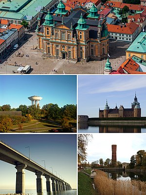 De cima para baixo e da esquerda para a direita: 1) Vista aérea da Catedral de Kalmar; 2) Castelo d'água em Berga;3) Castelo de Kalmar; 4) Ponte da Olândia; 5) Antigo castelo d'água no centro de Kalmar