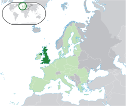 युनाइटेड किङ्गडम (गाढ हरियर रङ्गमे) युरोपीय सङ्घक सम्बन्धमे देखाओल गेल (हल्का हरियर रङ्ग मे) आ अन्य क्षेत्र युरोपक (गाढ़ स्लेटी)