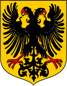 Un aigle bicéphale noir, à bec et pattes rouge, sur fond jaune.