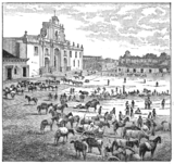 Parroquia de San José y Plaza Mayor, cuando'l Palaciu de los Capitanes Xenerales inda nun se reconstruyera; 1884.