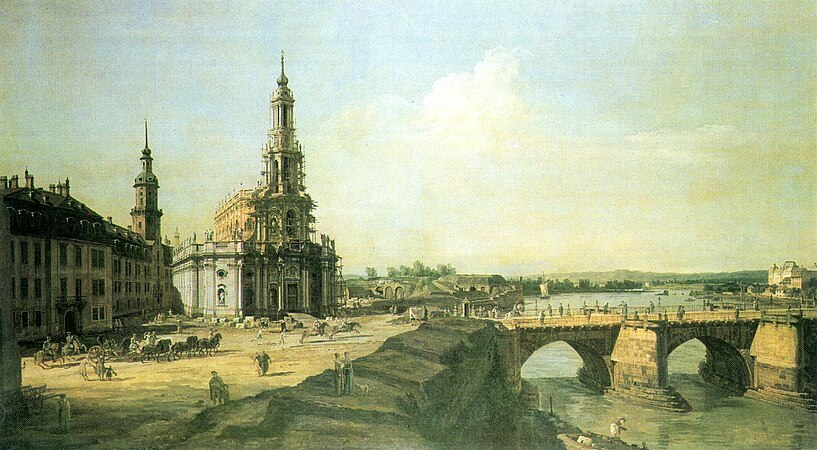 Bernardo Bellotto (1722–1780): Dresden vom linken Elbufer oberhalb des Altstädter Brückenkopfs. 1748.