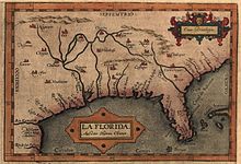 Mapa sa Florida, lagmit base sa mga ekspedisyon sa Hernando de Soto (1539-1543)