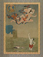 Mahasiddha Ghantapa (spodaj), iz niza thangka Situ Panchena, ki prikazuje osem velikih tantričnih spretnosti. 18. stoletje, s kitajskim vplivom.