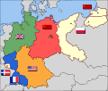 خريطةُ ألمانيا عامَ 1947: يتبيّنُ فيها "الممرُّ البولندي" والأراضي التابعةُ لجمهوريةِ ڤايمار (19-1933) التي اقتطعتْ بعدَ الحربِ العالميّةِ الثانيةِ لصالحِ پولندا وروسيا الاتحادية (بالأبيض)، وإقليمُ السارِ في الغربِ بإدارةٍ ثلاثيّةٍ (بالأبيض).