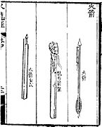 Rocket arrows from the Huolongjing. The right arrow reads 'fire arrow' (huo jian), the middle is a 'dragon shaped arrow frame' (long xing jian jia), and the left is a 'complete fire arrow' (huo jian quan shi).