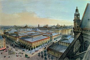 The pavilions of Les Halles, the great iron and glass central market designed by Victor Baltard (1870). The market was demolished in the 1970s, but one original hall was moved to Nogent-sur-Marne, where it can be seen today.