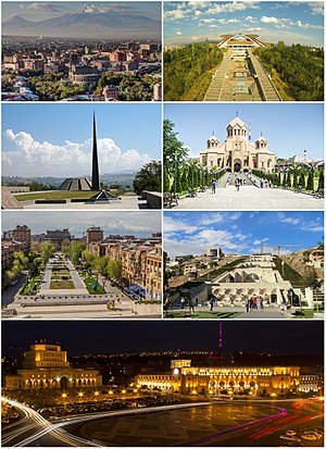 From top left: Yerevan skyline with آرارات • Karen Demirchyan Complex • Tsitsernakaberd Genocide Memorial • Saint Gregory Cathedral • Tamanyan Street and the Yerevan Opera • Cafesjian Museum at the Cascade • Republic Square at night