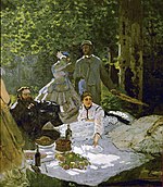 Claude Monet pintando Déjeuner sur l'herbe de 1866 artistas sentados en una manta de picnic