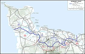 Vest-alliert fremrykking inntil 2. juli 1944 (heltrukken blå linje) (stor versjon)