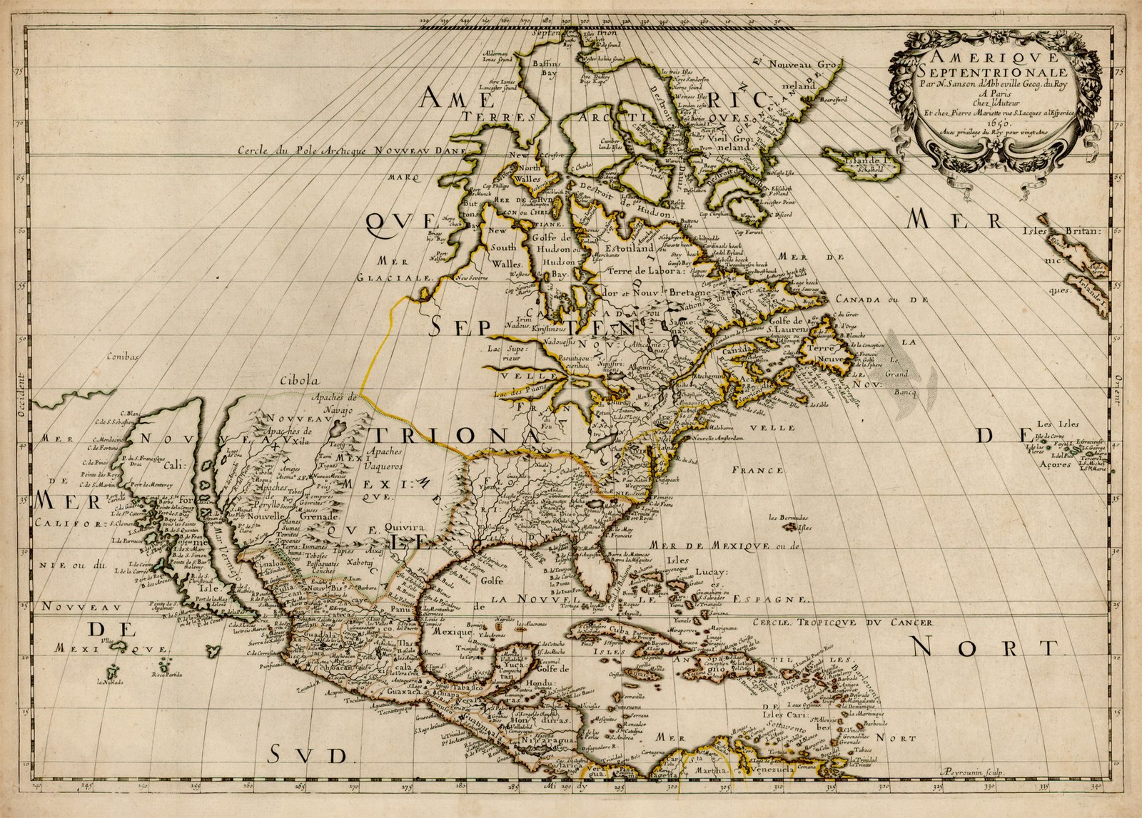 Much of New France's "Pays d'en Haut" (Upper Country) remained unexplored in the mid-1600s; Nicolas Sanson d'Abbeville's 1650 map was the first to show all five Great Lakes.[6]
