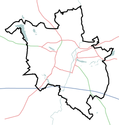 Mapa konturowa Poznania, w centrum znajduje się punkt z opisem „Międzynarodowe Targi Poznańskie Sp. z o.o.”