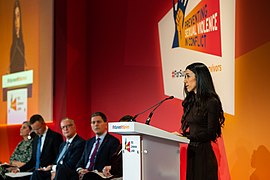 Nadia Murad, Iraqi Yazidi human rights activist speaking at the Preventing Sexual Violence in Conflict Conference, London, 28 November 2022 (52529546454).jpg