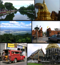 Top left: East moat, Chiang Mai; top right: Stupa, Wat Phra That Doi Suthep; middle left: View from Doi Suthep of downtown Chiang Mai; middle right: Tha Phae Gate; bottom left: A songthaew shared taxi; bottom right: Wat Chiang Man