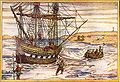 Gravadura de 1598 illustrant la nau de Willem Barentsz presa dins los glaces artics.