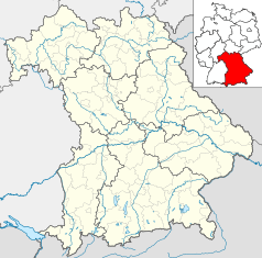 Mapa konturowa Bawarii, u góry znajduje się punkt z opisem „Coburg”
