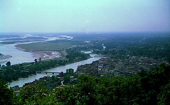 Haridwar aerial view showing the Ganga river and the Ganges Canal.