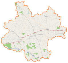Mapa konturowa powiatu kolskiego, blisko centrum po lewej na dole znajduje się punkt z opisem „Koło”