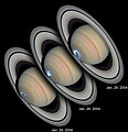 Três momentos de uma aurora em Saturno capturados pelo telescópio Hubble