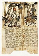 Tysk «skjenselsbrev» datert 23. mai 1550 som viser skamstraff i form av offentlig henging. Illustrasjonen viser også frembæring av hjul og et esel som urinerer på den dømte.