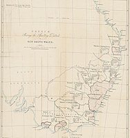 Мапа самочинно заселених районів (дистриктів) поза межами Дев'ятнадцяти округів, Новий Південний Уельс. 1844 рік.