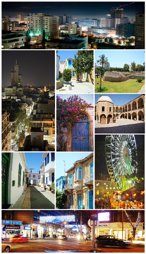 From upper left: Nicosia city skyline, Ledra Street at night, courtyard of Nicosian houses, Venetian walls of Nicosia, a Nicosian door in the old town, the Buyuk Han, a quiet neighbourhood in the old town, Venetian houses, Nicosia Christmas fair, Makariou Avenue at night