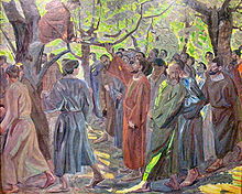 Pintura que muestra a Jesús levantando la mano para llamar a Zaqueo a que baje del árbol mientras una multitud observa